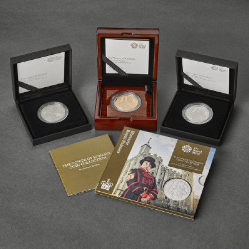 2019 The Yeoman Warders &pound;5 set of Gold, Silver, Silver Piedfort and BU