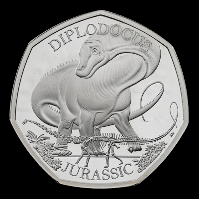 Dinosaurs: Iconic Specimens Diplodocus 2024 50p Silver Proof Trial Piece