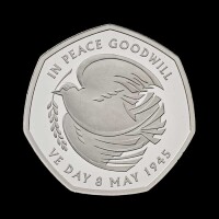 The 80th Anniversary of VE Day 2025 50p Silver Proof Piedfort Trial Piece