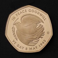 The 80th Anniversary of VE Day 2025 50p Gold Proof Trial Piece