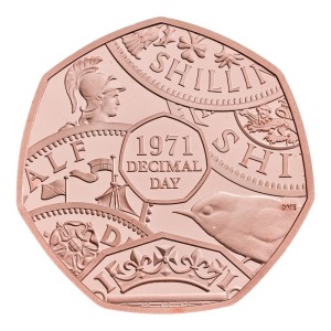The 50th Anniversary of Decimal Day 2021 50p Strike on the Day Gold Proof Die Trial Piece