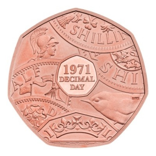 The 50th Anniversary of Decimal Day 2021 50p Gold Proof Piedfort Die Trial Piece