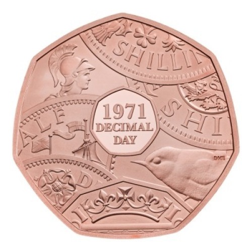 The 50th Anniversary of Decimal Day 2021 50p Gold Proof Die Trial Piece (Arnold Machin Portrait)