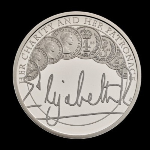 The Queens Reign Charity and Patronage 2022 &pound;5 Silver Proof Piedfort Trial Piece