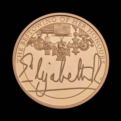 The Queen's Reign Honours and Investitures 2022 &pound;5 Gold Proof Trial Piece