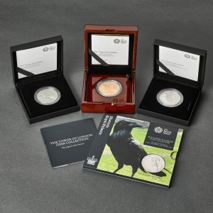 2019 Legend of the Ravens £5 set of Gold, Silver, Silver Piedfort and BU