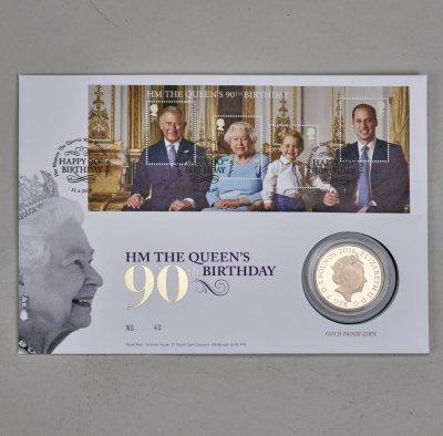 2016 PNC £5 Gold Proof coin – 90th birthday of QEII plus stamp first day cover